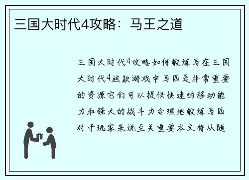 三国大时代4攻略：马王之道